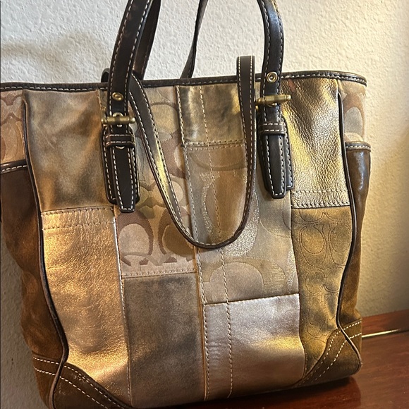 Coach Elegant Patchwork Tote Bag - Gold and Brown - Picture 1 of 11